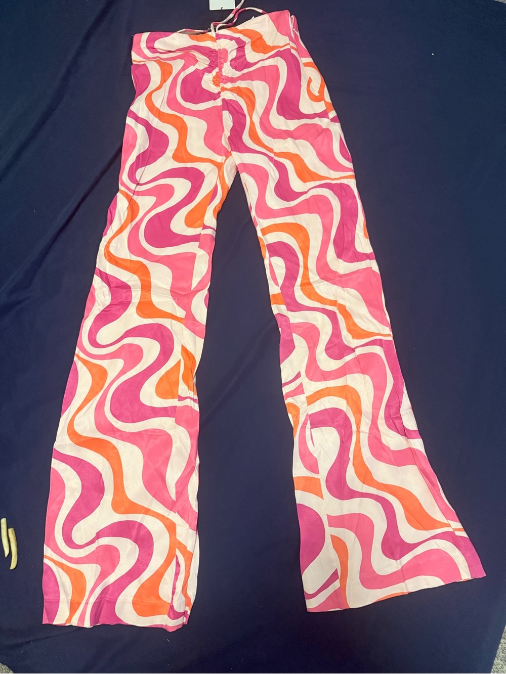 Zara Pink & Orange Retro Swirl Flare Pants